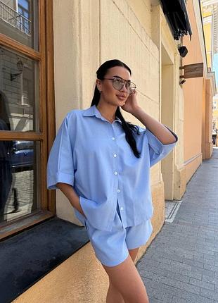 Костюм двійка жіночий оверсайз сорочка і шорти льон чорний блакитний пудра бежево-сірий 42-52
