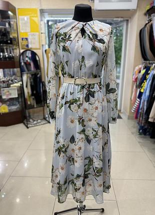 Платье женское нарядное с длинными рукавами шифоновое голубое с цветочным принтом