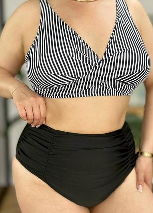 Женский летний раздельный черный купальник с полосатым верхом 2хл 3хл 4хл
