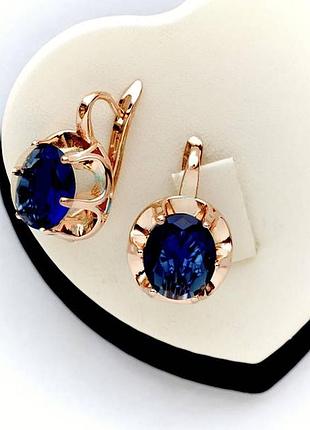 Позолочені сережки сині камені медичне золото позолоченные сережки синие камни медзолото