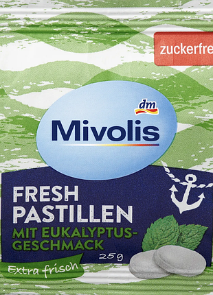 Пастилки для свіжого подиху з евкаліптом , без цукру mivolis pastillen fresh eukalyptus zuckerfrei 2