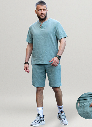 Костюм двойка мужской летний льняной футболка шорты стильный повседневный оливковый оливка