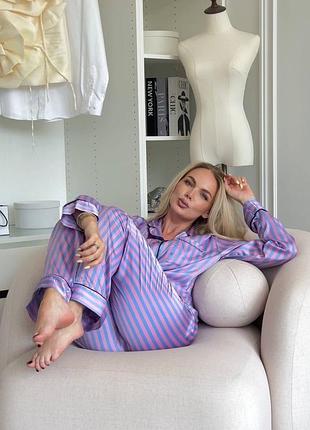 Жіноча шовкова лавандова піжама у смужку | сорочка та брюки | 891