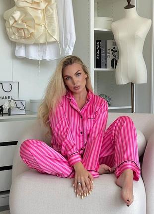 Жіноча яскраво рожева шовкова піжама | сорочка та брюки | 891