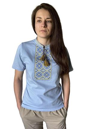 Женская голубая вышиванка с голубо-желтым орнаментом