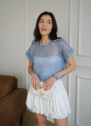 Футболка оверсайз женская нарядная голубая сетка в паетках