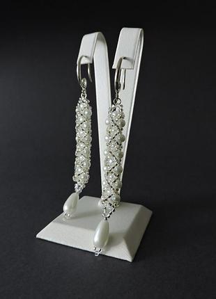 Длинные серьги из бисера белые серьги подвески с жемчугом, серьги из бисера