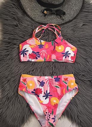 Раздельный купальник топом принт тропики бразильняно высокая талия
