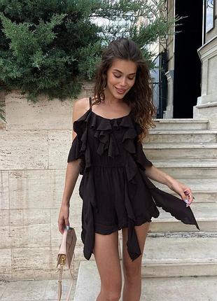 🌈4! шикарный легкий комбинезон женский черный шортами шорты на бретелях глазкозный креп воланы