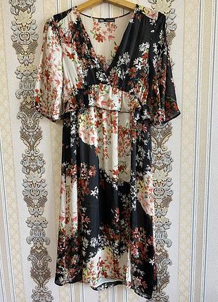 Стильна легка сукня, чорне з бежевим плаття міді в квітах, сукня з розрізом zara