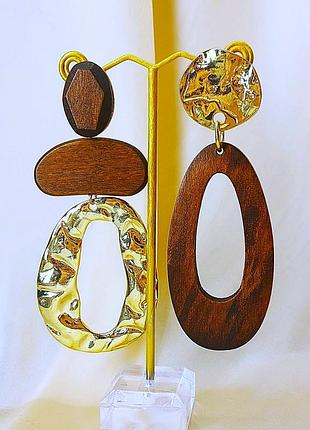 Жіночі сережки великі асиметричні jewelry  коричнево-золоті sku 03554