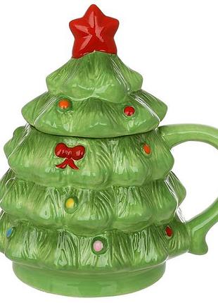 Кружка керамічна з кришкою ялинка, 470мл