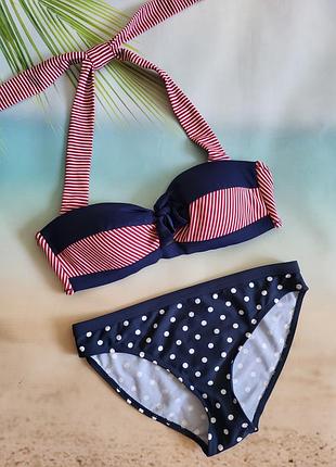 Темно-синий с розовым, горох и полоски, лиф бандо халтер, плавки в горох, размер м