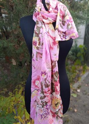 Розовый шарф с цветами нежный палантин хлопок хлопковый1 фото