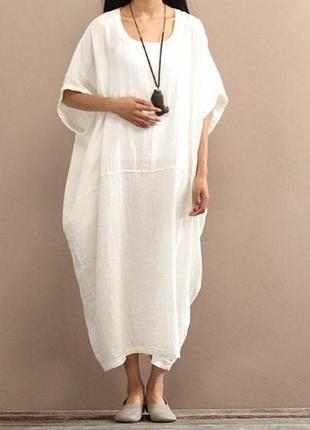 Сукня міді боченя білосніжна бохо льон авангард етно оверсайз гранж