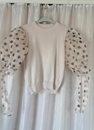 В'язаний топ блузи з пишними об'ємними рукавами в горох та зав'язками
