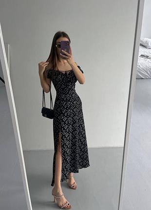 Платье миди длинная женская цветочный принт открытые плечи с разрезом на ноге приталенная с завязкой