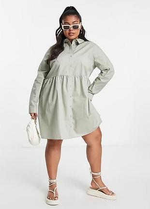 Платье-рубашка хлопковая короткая цвета хаки свободного удобного кроя батал asos design
