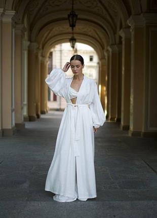 Пижамный комплект тройка халат штаны бра лен