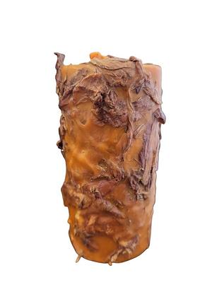 Свічка ритуальна з травами, жовтогаряча з листям троянди та маком 15 см