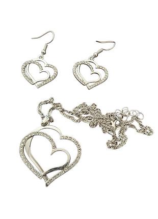 Набір біжутерії сережки та підвіска серце сріблястий