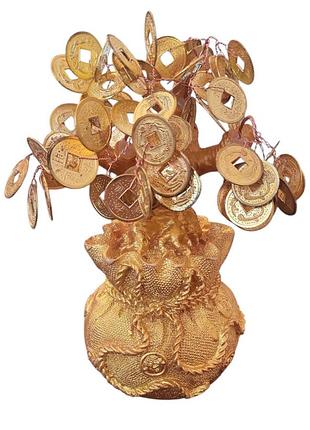 Грошове дерево з монетами в мішку золоте.дерево багатства (15х10х8)