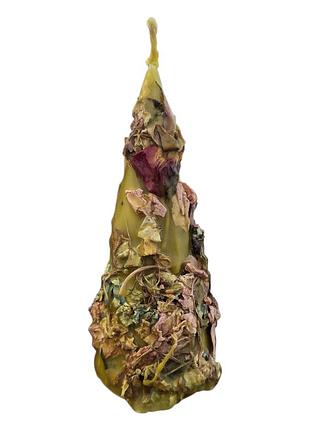 Свеча конус алтарная ритуальная с травами, желтая с мятой, жасмином, барвинком,любистком 14 см