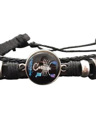 Браслет экокожа со знаком зодиака скорпион черный с белым