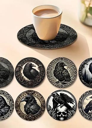 Набор деревянных подставок под чашки ворон 8 шт.
