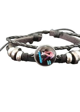 Браслет экокожа со знаком зодиака водолей черный с белым