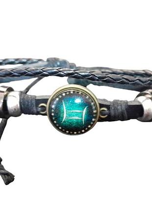 Браслет экокожа со знаком зодиака близнецы черный с зеленым