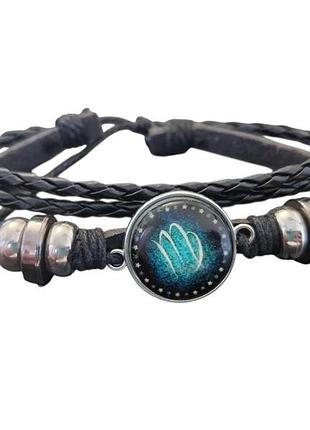 Браслет екошкіра зі знаком зодіаку діва чорний із зеленим фосфорний