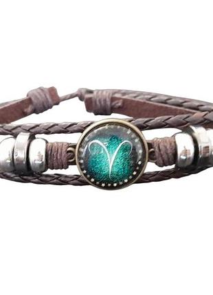 Браслет экокожа со знаком зодиака овен коричневый с зеленым