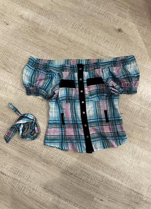 Блуза, топ в клітинку з поясом