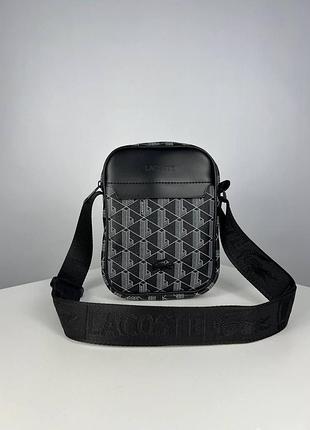 Чоловіча сумка lacoste, еко-шкіра, сумка через плече, ділова сумка чорна на щодень, мінісумка планшет lacoste