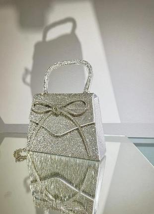 Сумка женский клатч вечерний с камнями и бантом серебро. с-0007