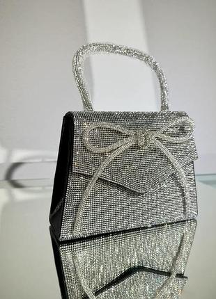 Сумка клатч жіночий вечірний з камінцями та бантом срібло+чорний с-0008