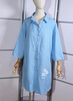 Льняное голубое платье- рубашка с рукавами -трансформерами, с рисунком цветы