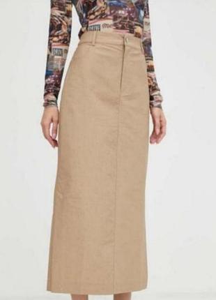 Длинная макси юбка бежевая вельвет коттон с разрезом до колена сбоку