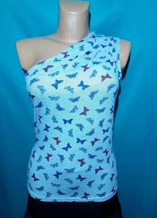 Топ трикотаж на одно плечо принт бабочки и полоски размер s m легкий на лето недорого