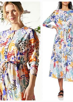 Белое платье миди в яркий акварелью цветочный принт, длинный рукав ind. (размер 40)