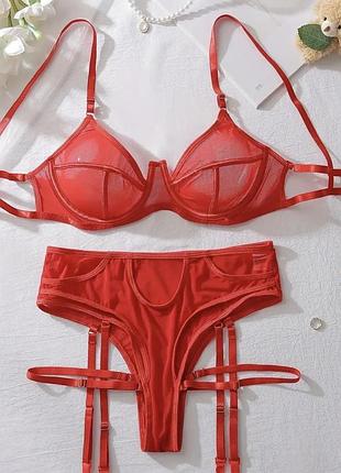 Комплект жіночий еротичний червоний прозорий сітка бюстгальтер трусики з завʼязками та підвязками