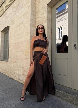 Женский костюм летний шелковый топ бандо и брюки брюки брюки с разрезами по бокам