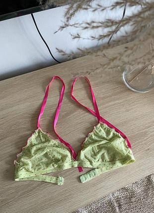 Салатний мякий тонкий бюстгалтер / бралет у горошок з рожевою стрічкою від h&m