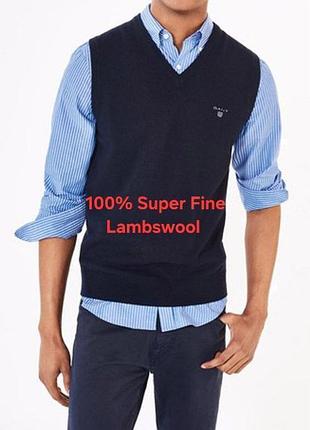 Шикарная шерстяная жилетка синего цвета gant super fine lambswool made in tunisia