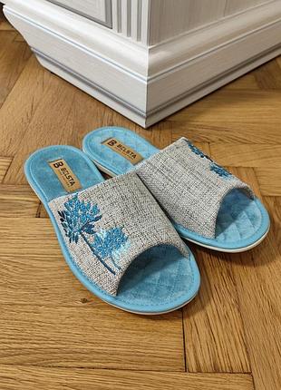 Женские льняные тапочки belsta с вышивкой и открытым носком