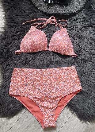 Раздельный купальник ромашками пуш апом бразильяно высокая талия