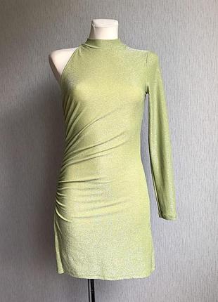 Салатова асиметрична сукня з люрексом