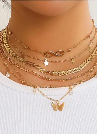 Ожерелье, колье, цепочка на шею, подвеска на шею. комплект 6шт. ( бабочка, звездочка,знак бесконечности)