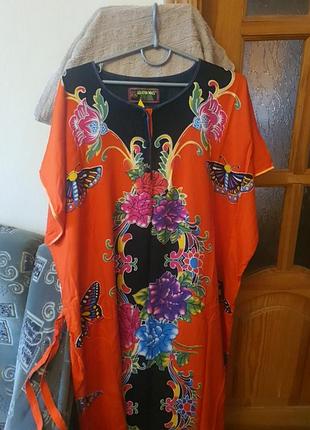 Домашнее платье летнее натуральное без размера оранжево с рисунком по центру с поясом 138 см длина,85см ширина, приспущенные плечи.ч новичка, не сконд.